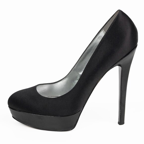 Bebe Black Satin & Patent faux Leather Stiletto Heel Pumps sz 7.5 M - Picture 8 of 13